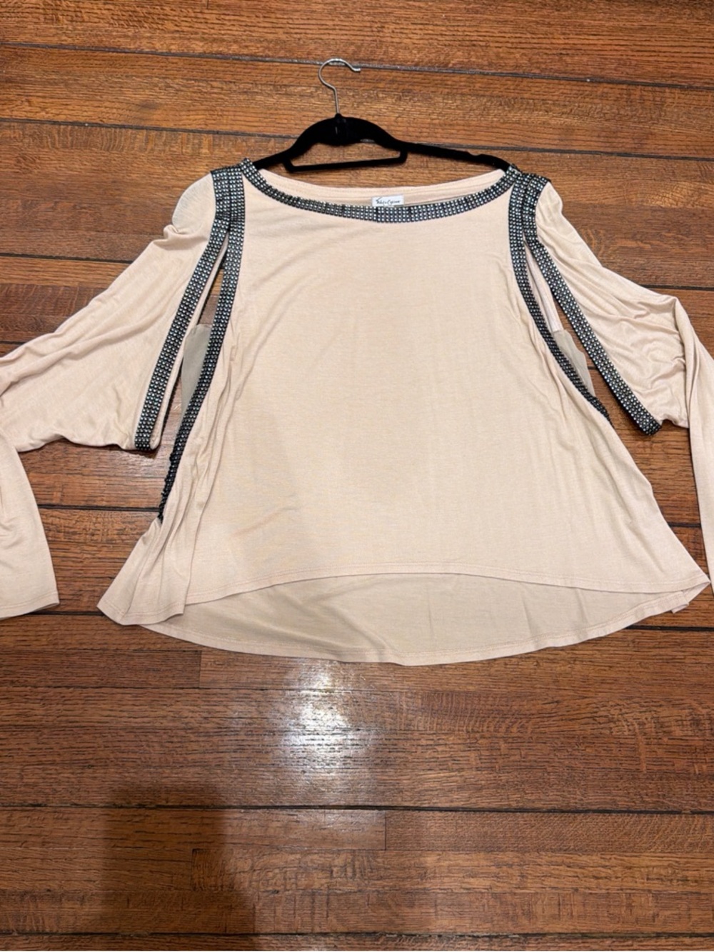 Foley + Corinna Beige Cold-Shoulder Long Sleeve Top with Black Trim